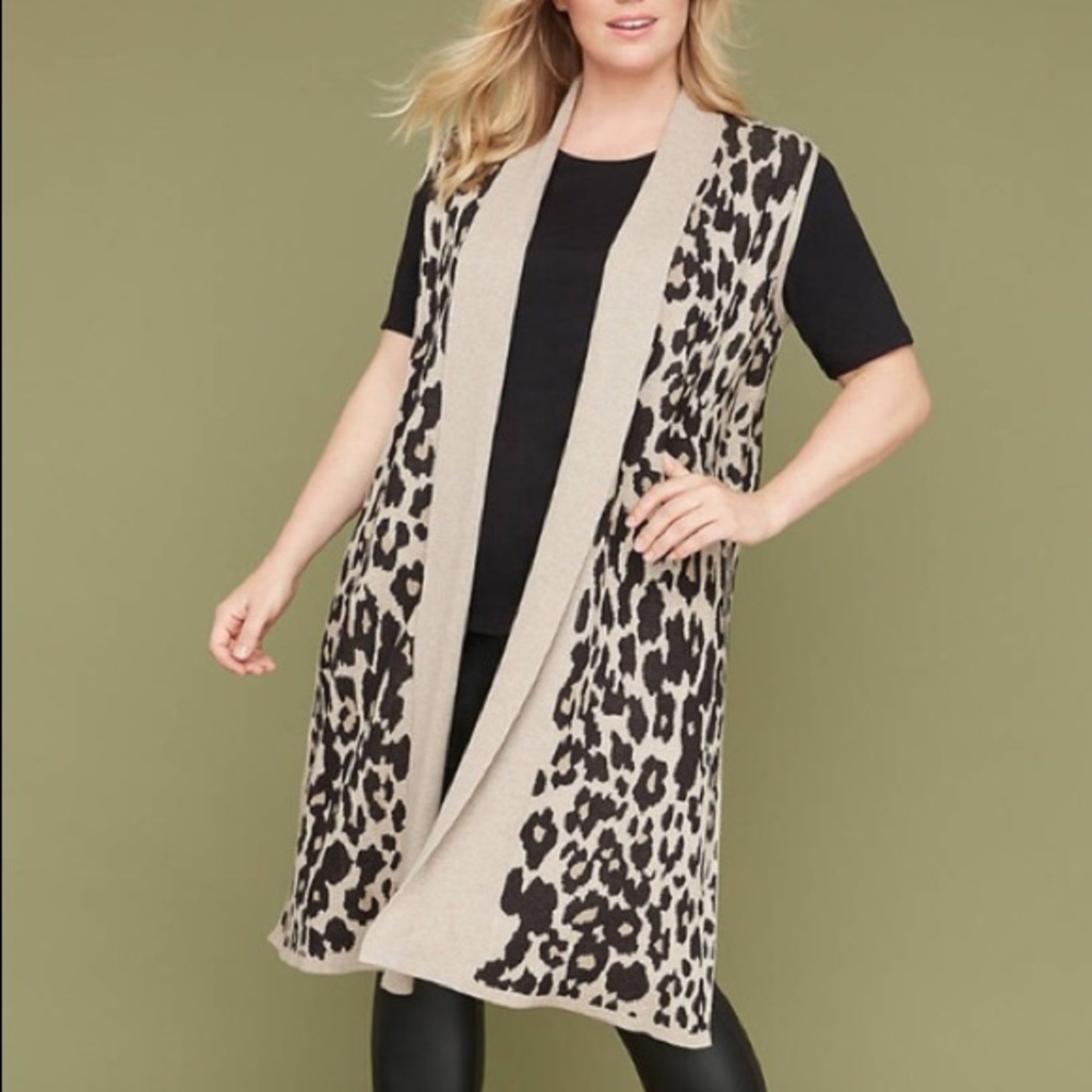 Lane Bryant Black & Tan Brown Cheetah / Leopard Print Knit Sweater Vest Duster